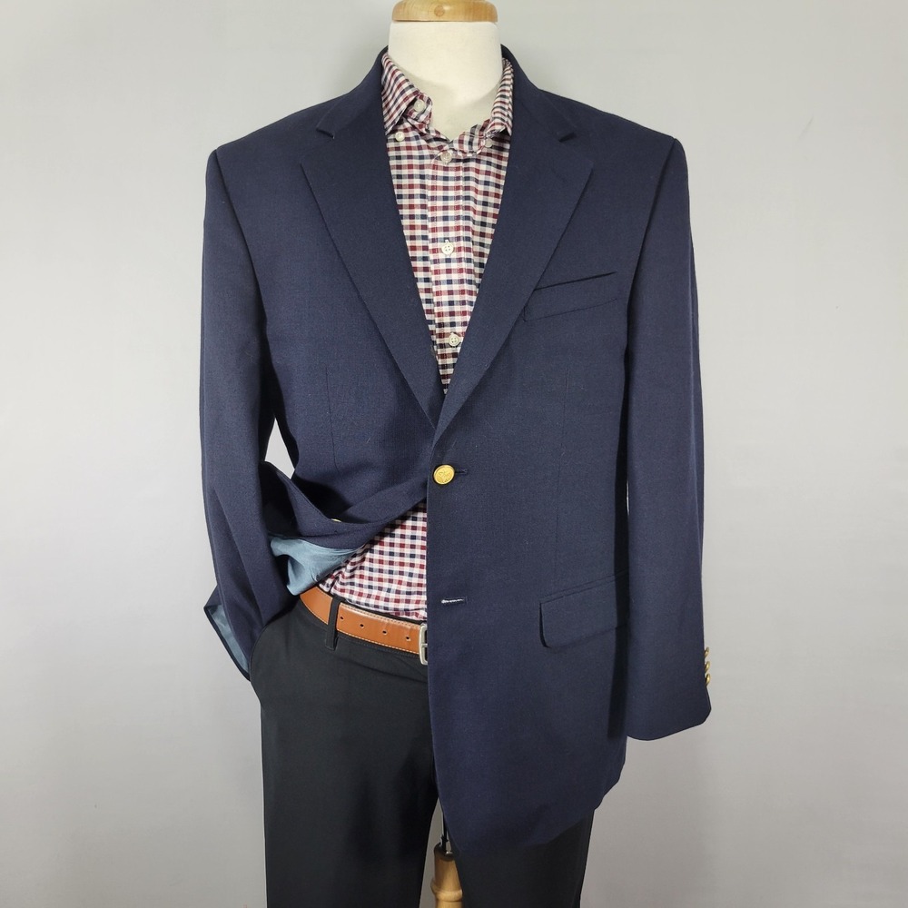 VTG Stafford Men's Sport Coat Blazer Two Button Navy Blue‎ Polyester Wool 42R